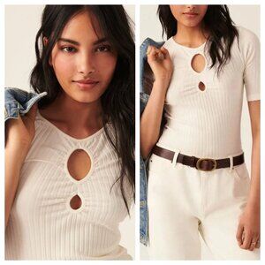 ba&sh Massiva Ribbed Knit Off White Keyhole Short Sleeve Top